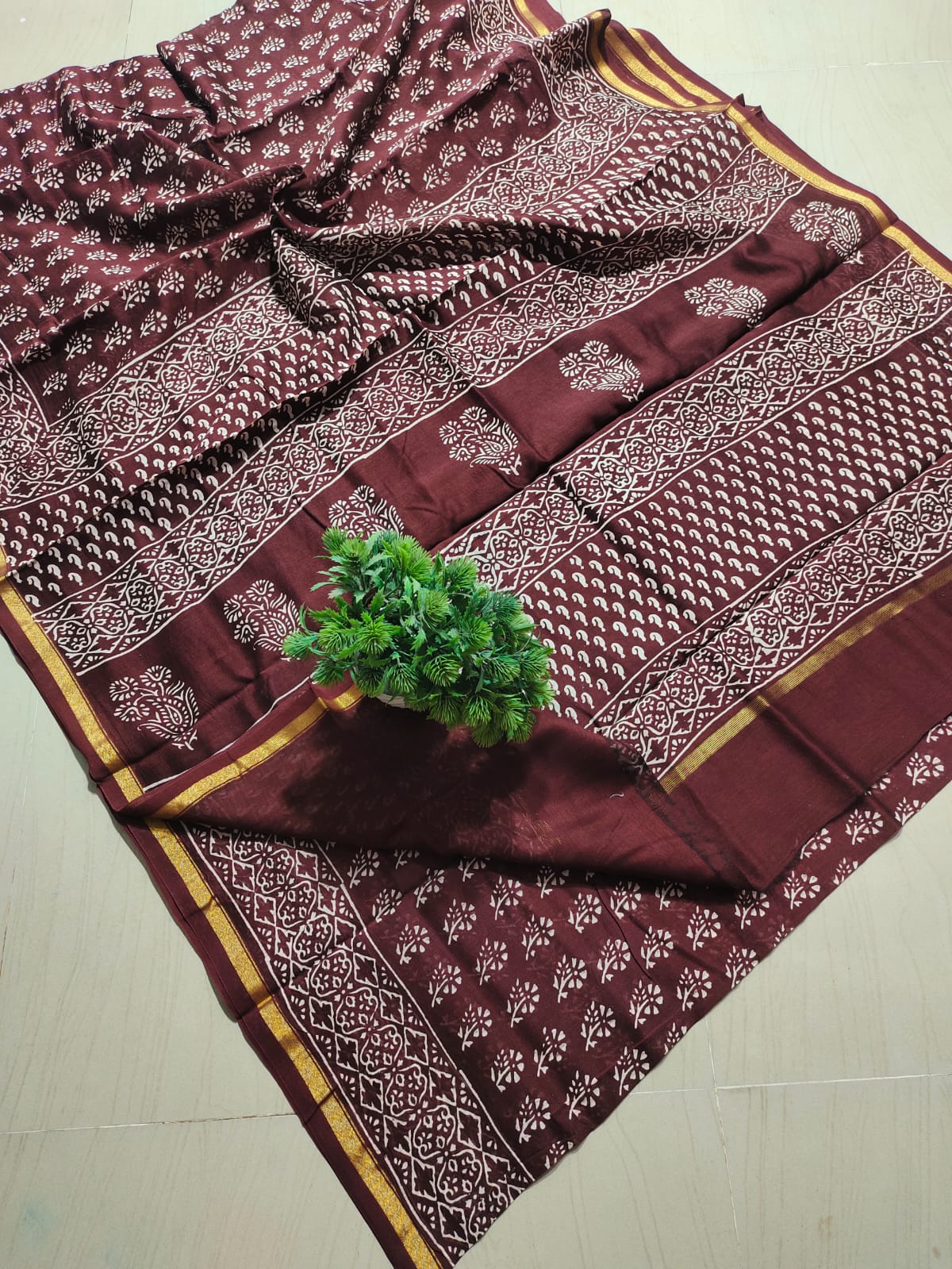 ✨Classic Dark Brown Hand Block-Printed Pure Cotton Saree with Golden Zari Border✨