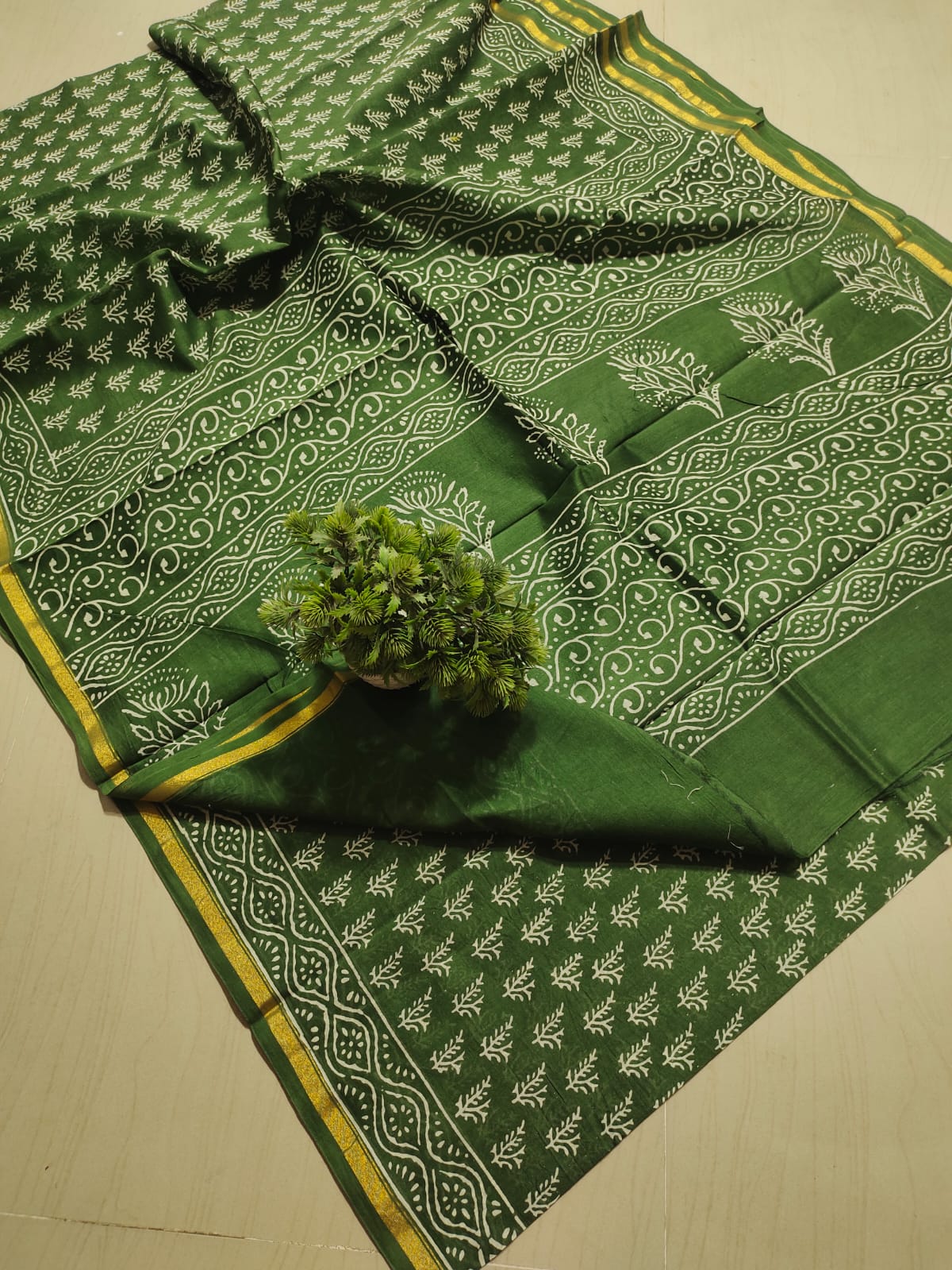 ✨Classic Olive Green Hand Block-Printed Pure Cotton Saree with Golden Zari Border✨