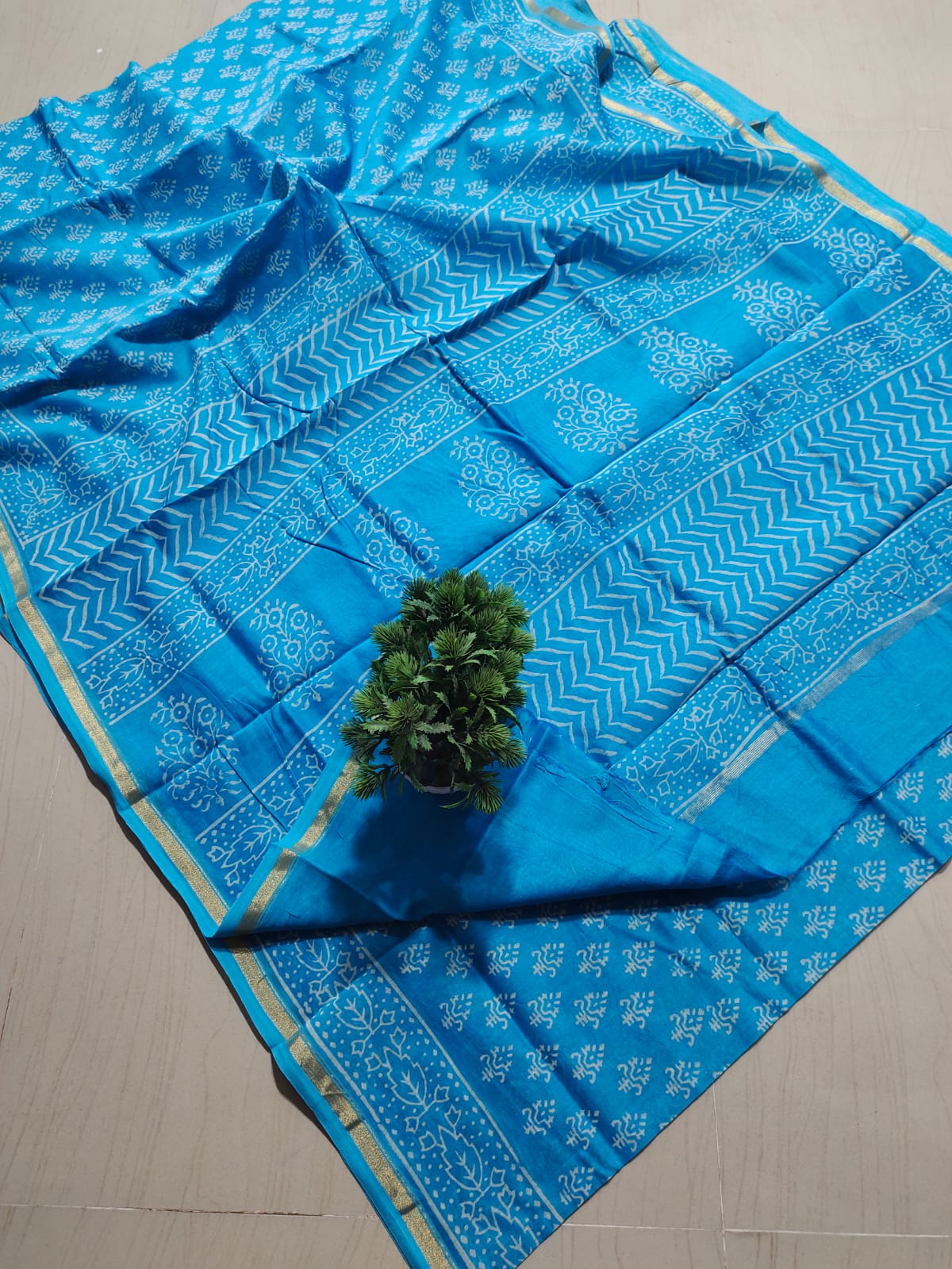 ✨Vibrant Sky Blue Hand Block-Printed Pure Cotton Saree with Golden Zari Border✨