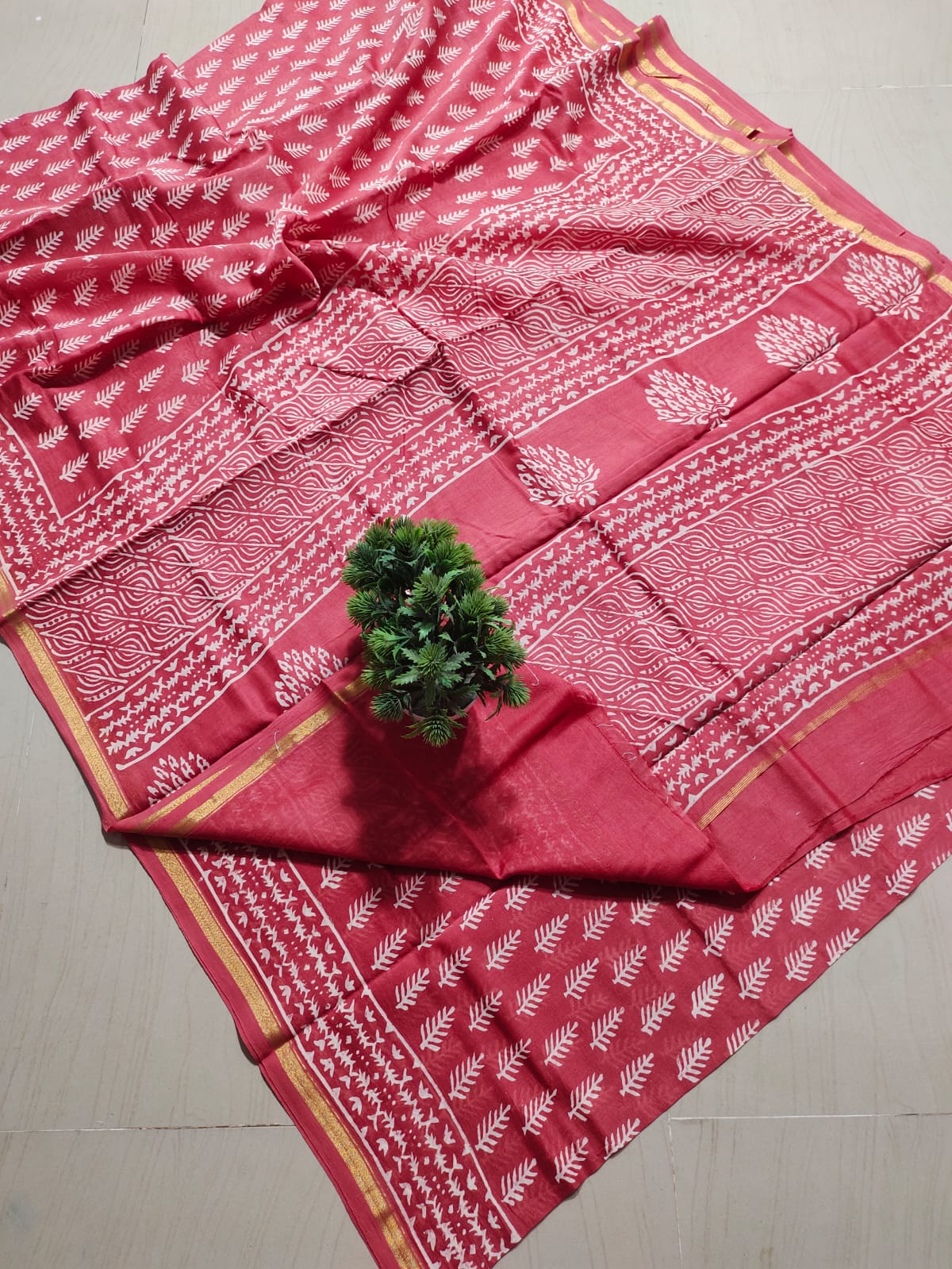 ✨Charming Coral Red Hand Block-Printed Pure Cotton Saree with Golden Zari Border✨