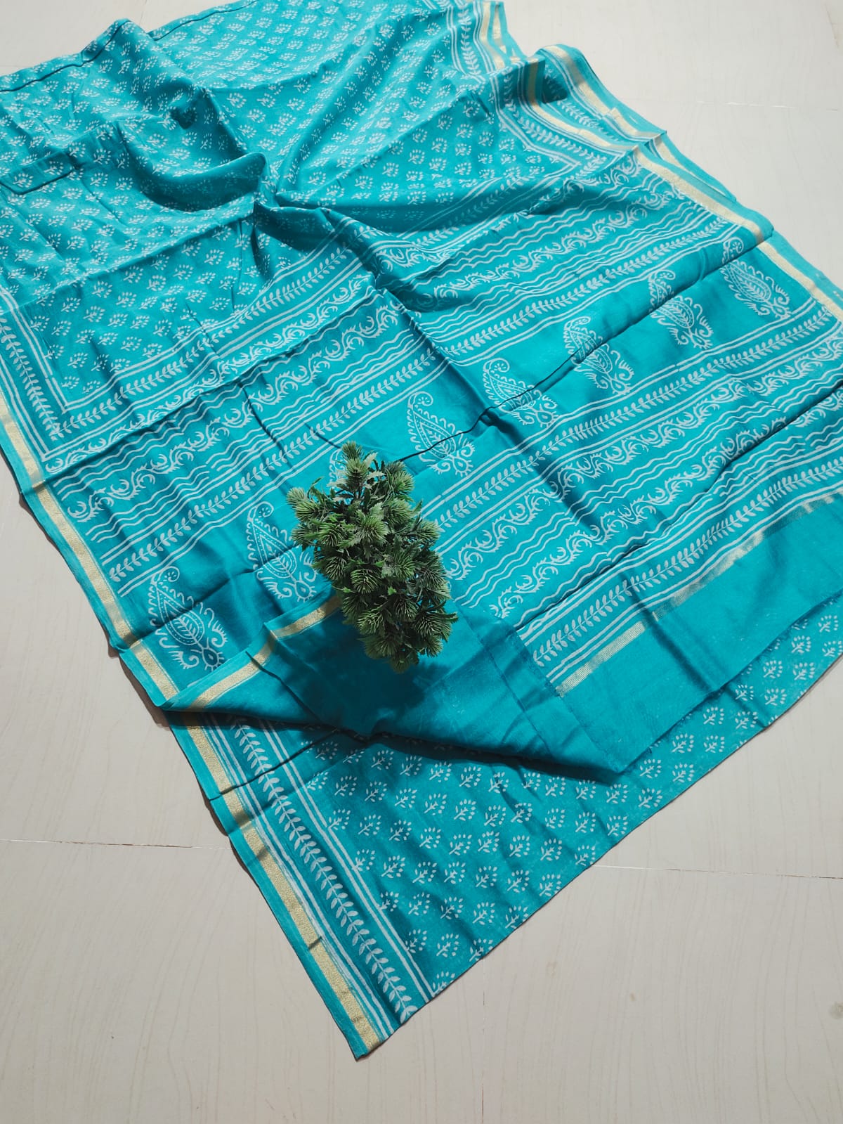 ✨Refreshing Aqua Teal Hand Block-Printed Pure Cotton Saree with Golden Zari Border✨