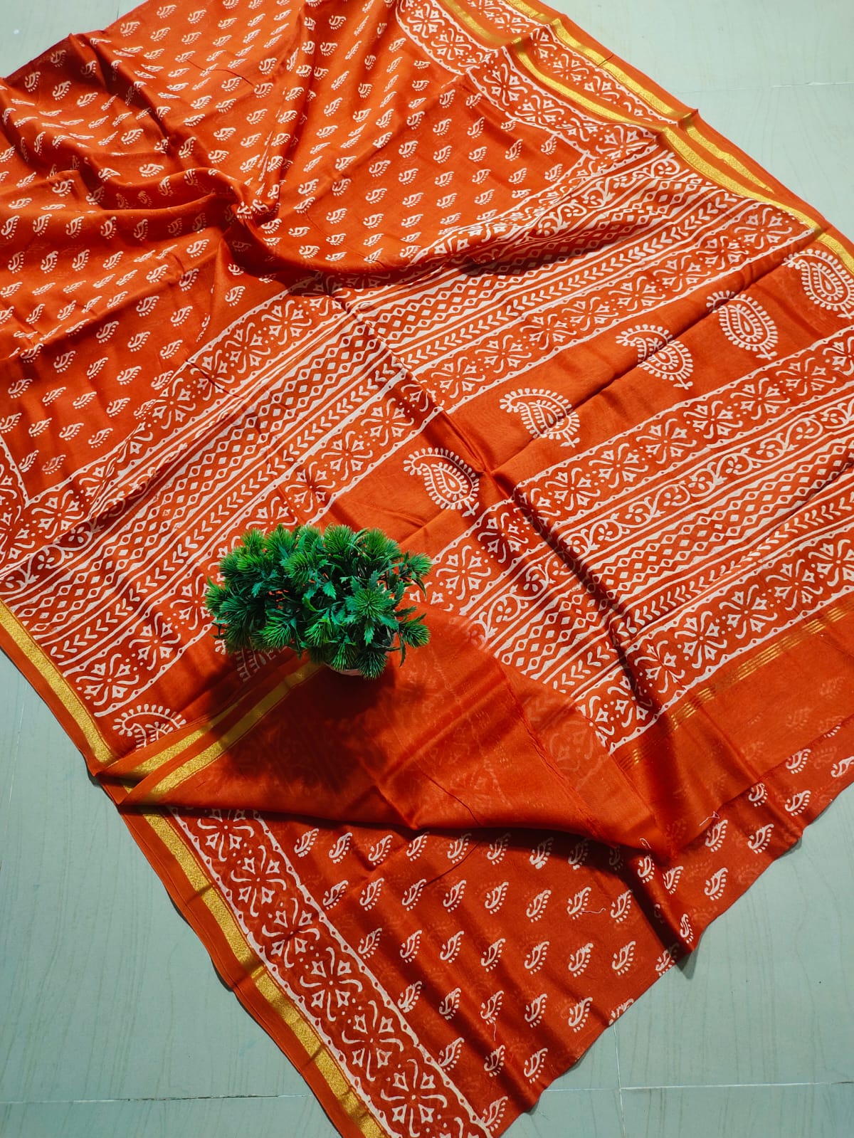 ✨Vibrant Rust Orange Hand Block-Printed Pure Cotton Saree with Golden Zari Border✨