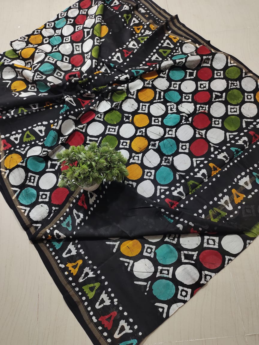 ✨Artisanal Multi-Color Batik Printed Pure Cotton Saree with Running Blouse Piece✨