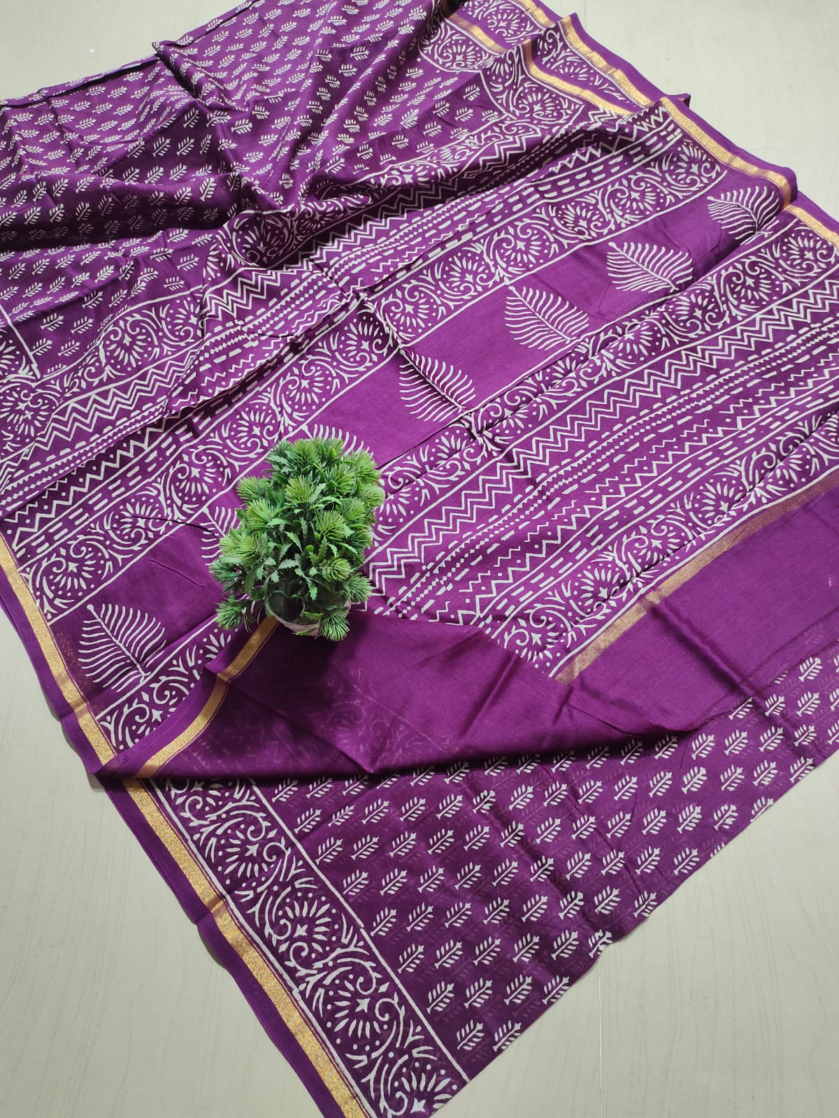 ✨Vibrant Magenta Hand Block-Printed Pure Cotton Saree with Golden Zari Border✨