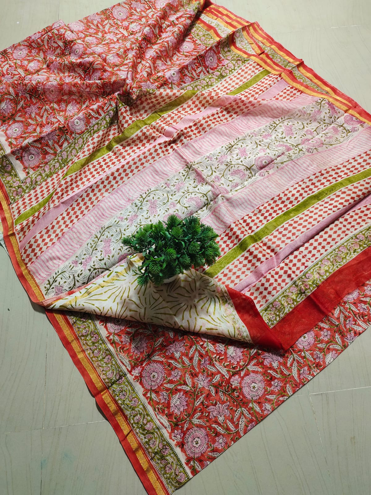 ✨ Vibrant Coral Red & Olive Green Hand Block Printed Pure Cotton Saree with Running Blouse Piece✨