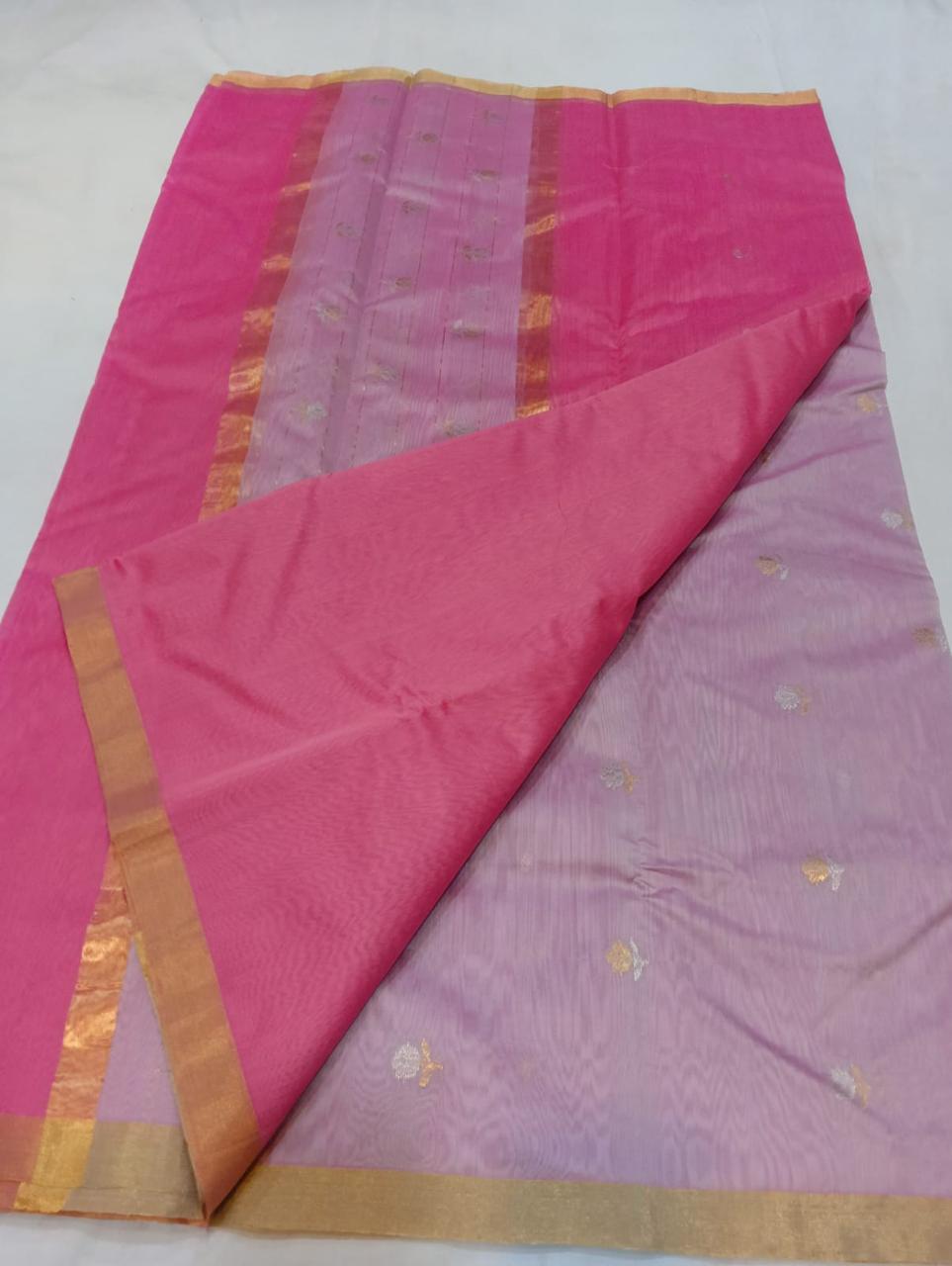 ✨ Charming Light Lavender & Rose Pink Dual-Tone Gold Zari Floral Motif 3-Piece Chanderi Katan Unstitched Suit Set✨