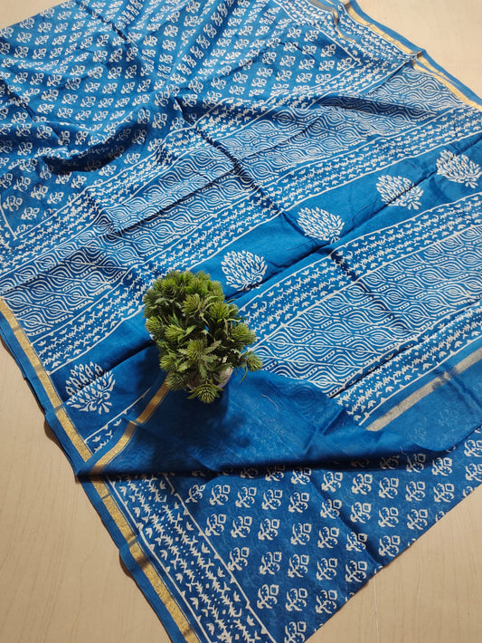 ✨Serene Blue Hand Block-Printed Pure Cotton Saree with Golden Zari Border✨