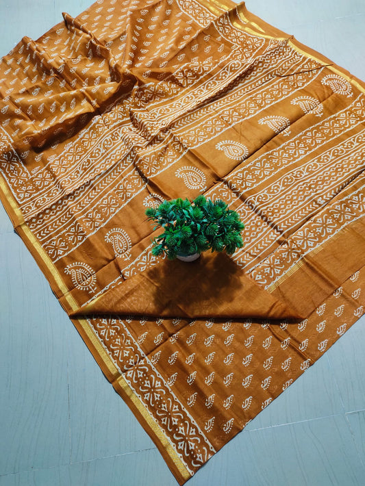 ✨Warm Mustard Yellow Hand Block-Printed Pure Cotton Saree with Golden Zari Border✨