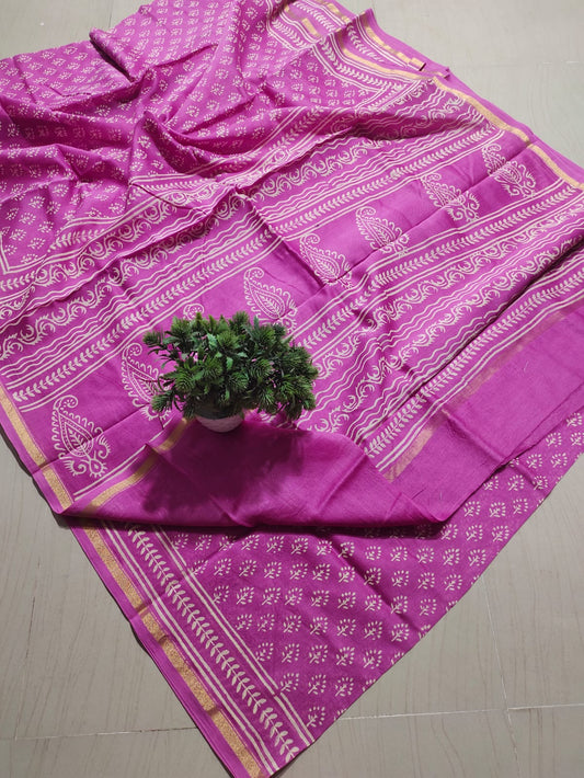 ✨Vibrant Pink Hand Block-Printed Pure Cotton Saree with Golden Zari Border✨