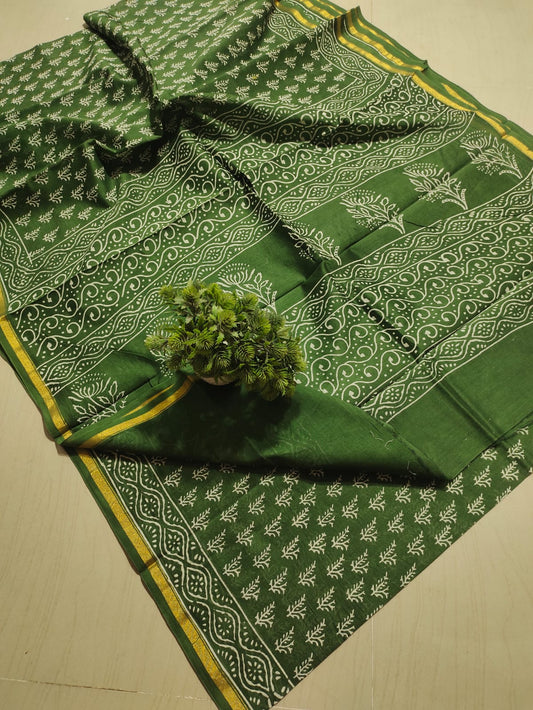 ✨Classic Olive Green Hand Block-Printed Pure Cotton Saree with Golden Zari Border✨