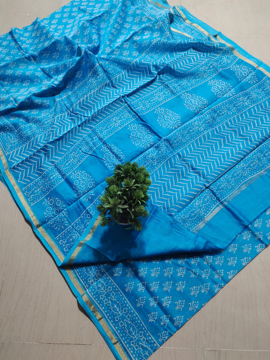 ✨Vibrant Sky Blue Hand Block-Printed Pure Cotton Saree with Golden Zari Border✨