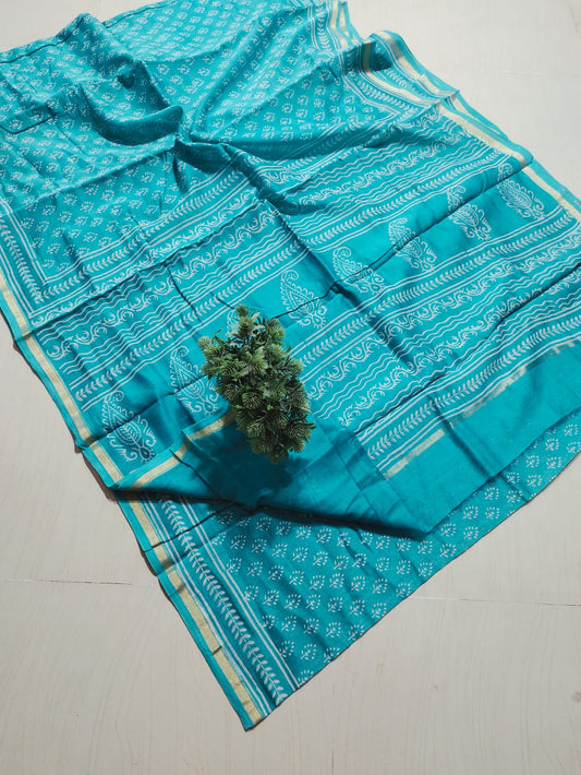 ✨Refreshing Aqua Teal Hand Block-Printed Pure Cotton Saree with Golden Zari Border✨
