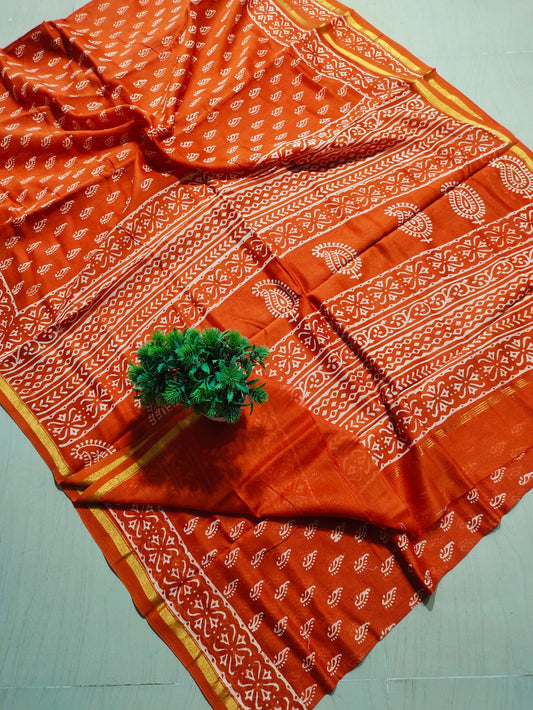 ✨Vibrant Rust Orange Hand Block-Printed Pure Cotton Saree with Golden Zari Border✨