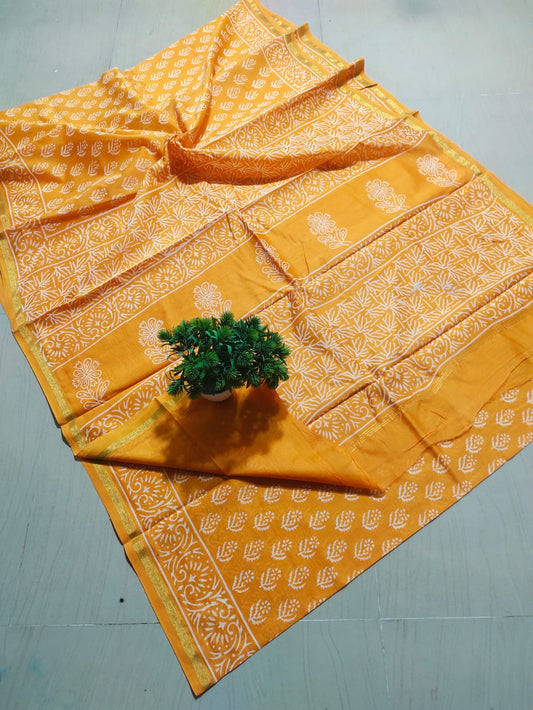 ✨Mustard Yellow Pure Cotton Hand Block Print Saree with Golden Zari Border✨