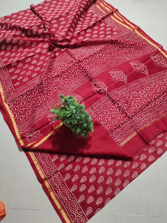 ✨Classic Maroon Red & White Hand Block-Printed Pure Cotton Saree with Golden Zari Border✨