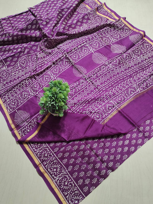 ✨Vibrant Magenta Hand Block-Printed Pure Cotton Saree with Golden Zari Border✨