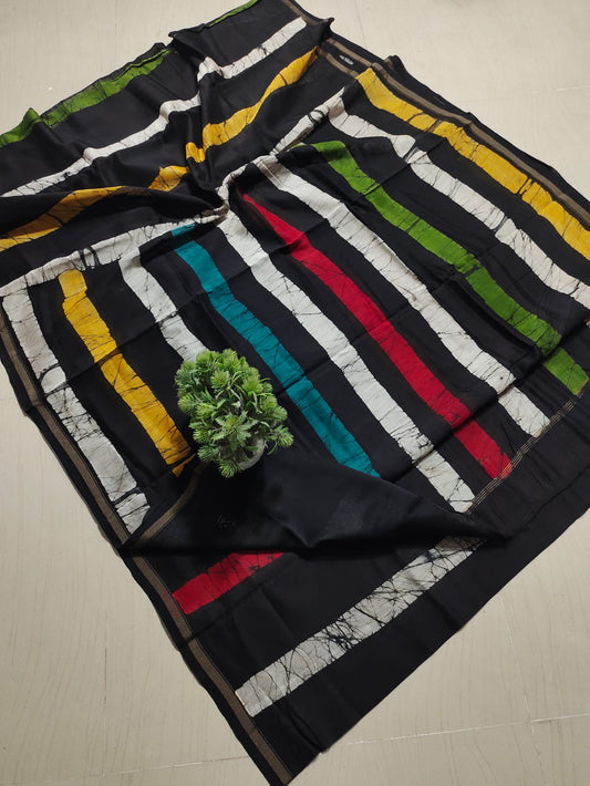 ✨ Chic Black Multi-Color Striped Batik Crackle Printed Pure Cotton Saree with Running Blouse Piece✨