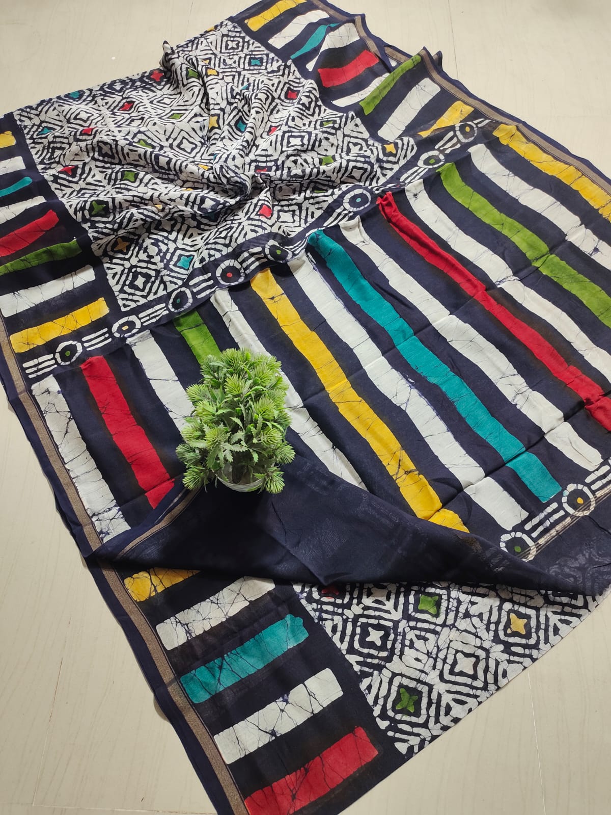 ✨ Artisanal Navy Blue Multi-Striped & Geometric Dabu/Batik Printed Pure Cotton Saree with Running Blouse Piece✨