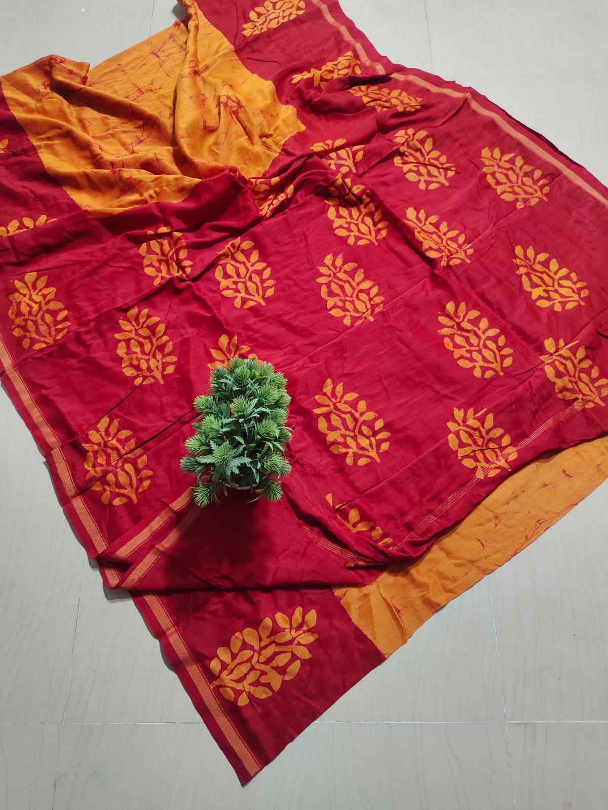 ✨Vibrant Crimson Red & Mustard Yellow Dabu Hand Block Printed Pure Cotton Saree with Running Blouse Piece✨