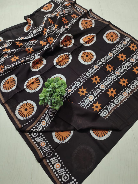 ✨ Artisanal Charcoal Black & Ochre Wheel Batik Block Printed Pure Cotton Saree with Running Blouse Piece✨