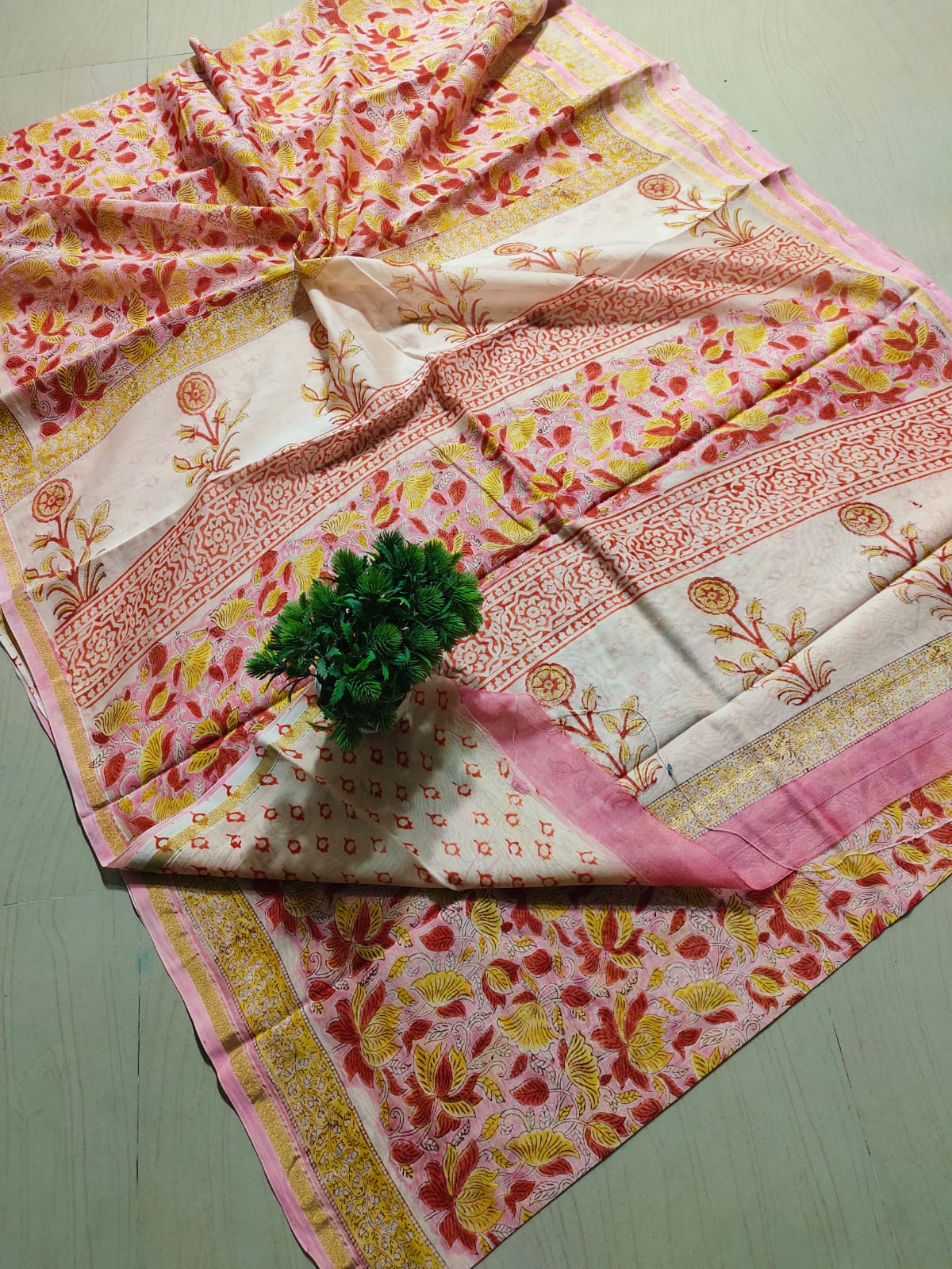 ✨ Radiant Floral Block Printed Pure Cotton Saree in Pink & Mustard Yellow with Running Blouse Piece✨