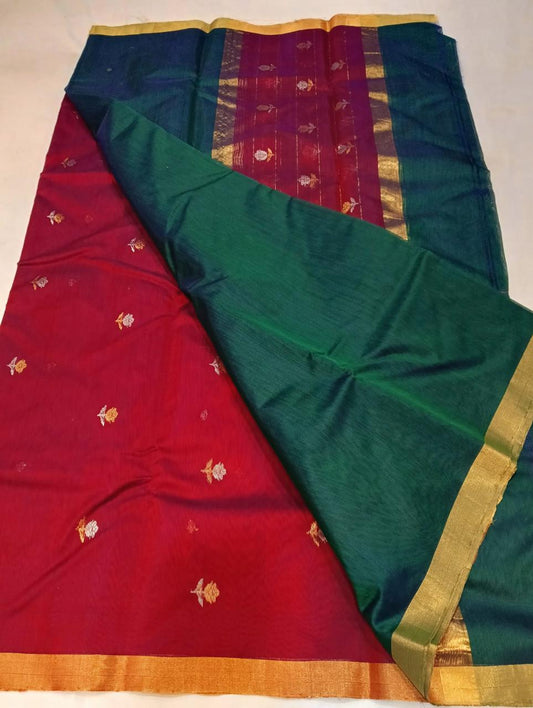 ✨ Regal Crimson Red & Peacock Green Dual-Tone Gold Zari Floral Motif 3-Piece Chanderi Katan Unstitched Suit Set✨