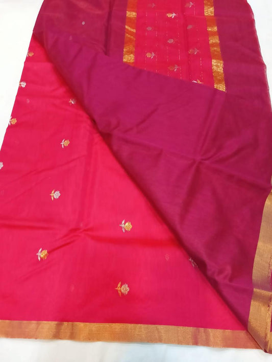 ✨Radiant Bright Pink & Wine Dual-Tone Gold Zari Floral Motif 3-Piece Chanderi Katan Unstitched Suit Set✨