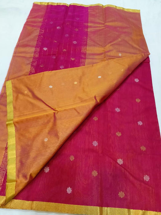 ✨Vibrant Magenta & Golden Mustard Dual-Tone Gold Zari Floral Motif 3-Piece Chanderi Katan Unstitched Suit Set✨