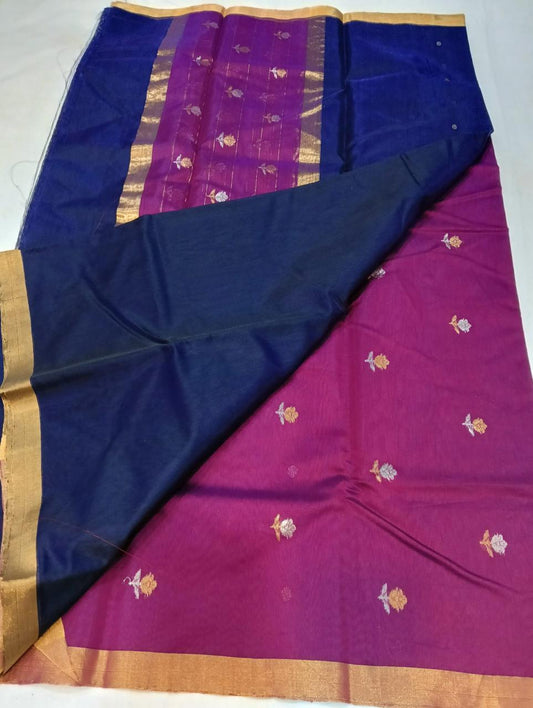 ✨ Royal Royal Blue & Magenta Dual-Tone Gold Zari Floral Motif 3-Piece Chanderi Katan Unstitched Suit Set✨