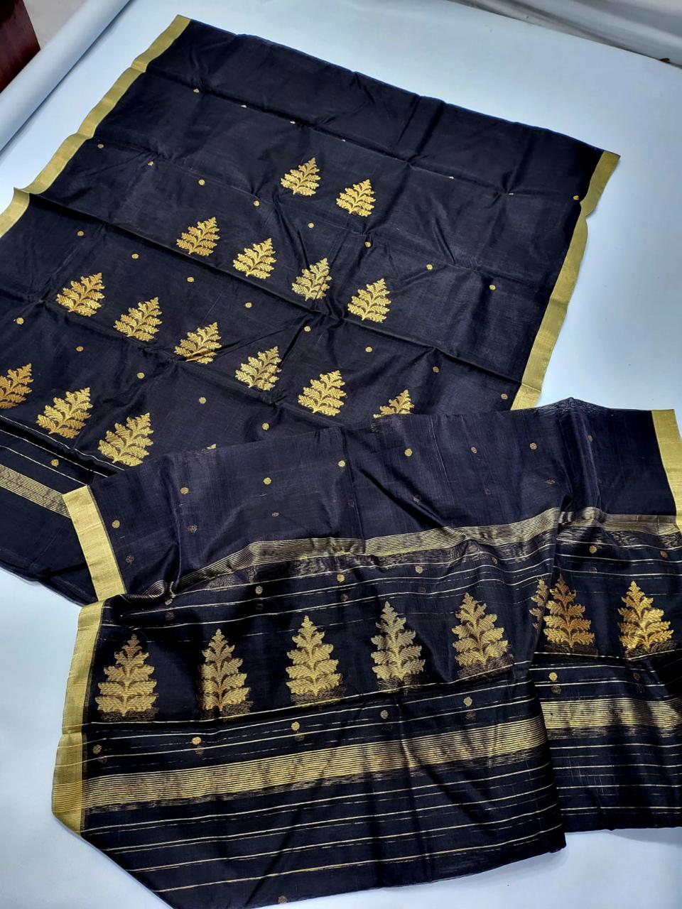 ✨ Striking Black & Gold Zari Tree / Pine Leaf Motif 3-Piece Chanderi Katan Unstitched Suit Set✨