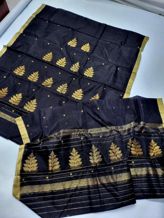 ✨ Striking Black & Gold Zari Tree / Pine Leaf Motif 3-Piece Chanderi Katan Unstitched Suit Set✨