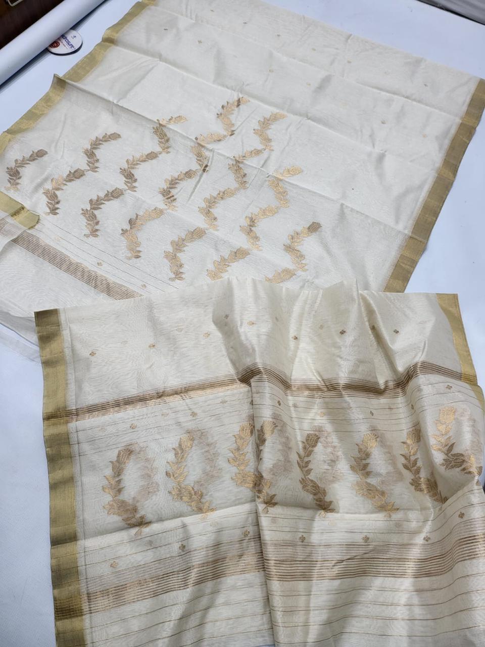 ✨ Graceful Off-White & Gold Zari Woven Floral Vine Motif 3-Piece Chanderi Katan Unstitched Suit Set✨
