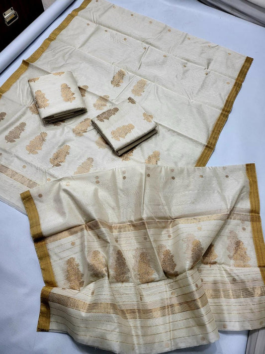 ✨ Elegance Off-White & Gold Zari Paisley Floral Motif 3-Piece Chanderi Katan Unstitched Suit Set✨