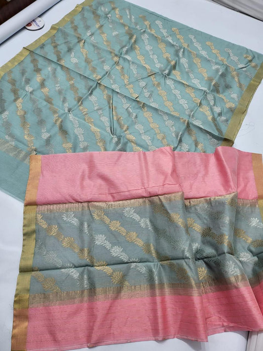 ✨ Serene Powder Blue & Baby Pink Gold-Silver Zari Diagonal Foliage Motif 3-Piece Chanderi Katan Unstitched Suit Set✨