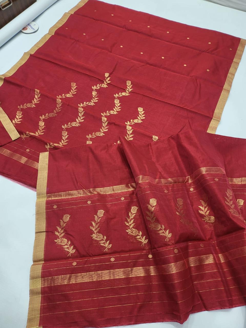 ✨ Classic Crimson Red Gold Zari Woven Floral Vine Motif 3-Piece Chanderi Katan Unstitched Suit Set✨