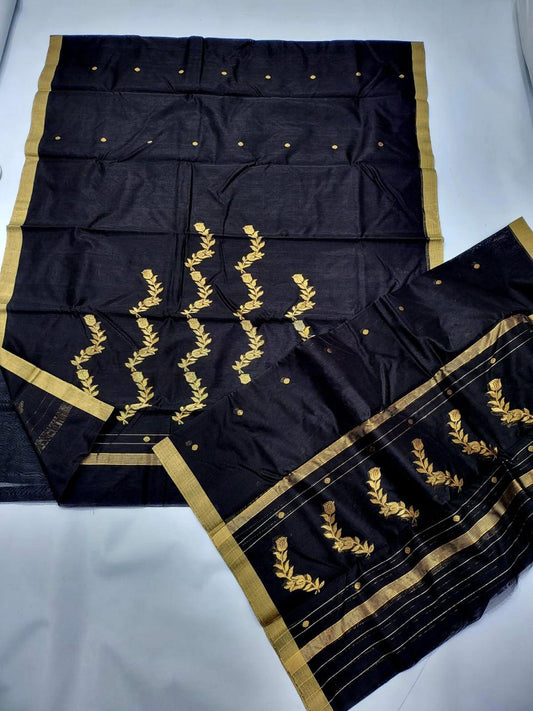 ✨ Regal Black & Gold Zari Floral Vine Motif 3-Piece Chanderi Katan Unstitched Suit Set✨