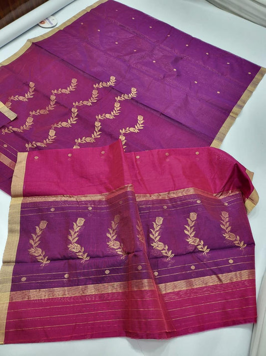 ✨ Royal Purple & Rani Pink Gold Zari Floral Vine Motif 3-Piece Chanderi Katan Unstitched Suit Set✨