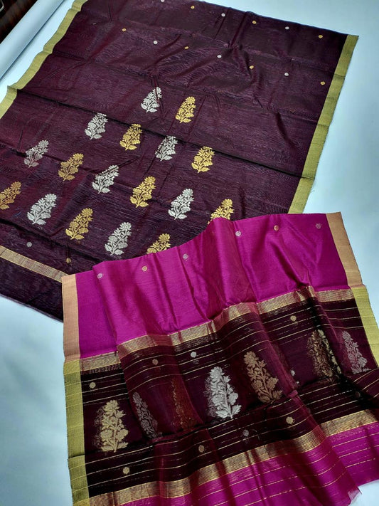 ✨ Regal Dark Wine & Magenta Gold-Silver Zari Woven Paisley Motif 3-Piece Chanderi Katan Unstitched Suit Set✨