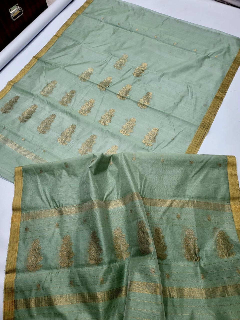 ✨ Elegant Sage Green & Gold Zari Woven Paisley Motif 3-Piece Chanderi Katan Unstitched Suit Set✨