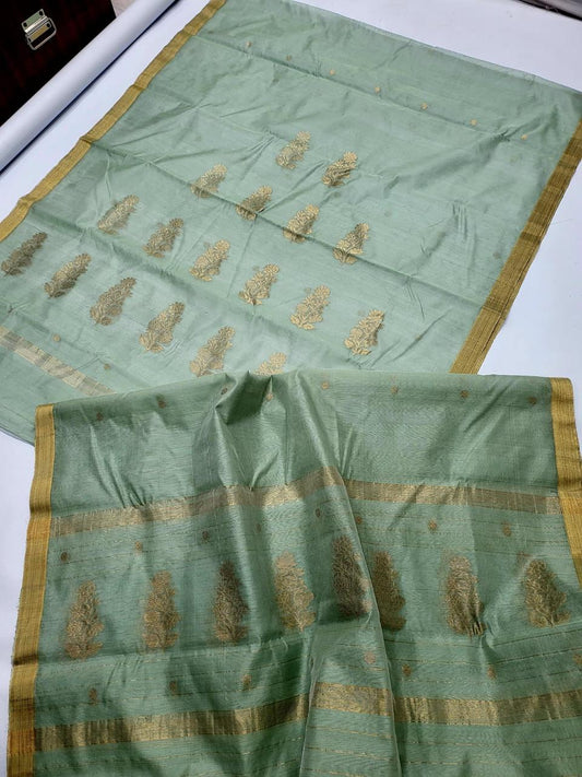 ✨ Elegant Sage Green & Gold Zari Woven Paisley Motif 3-Piece Chanderi Katan Unstitched Suit Set✨